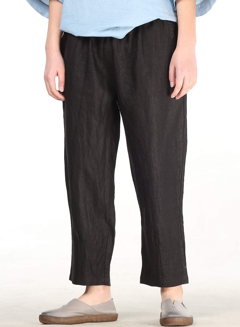 LaovanIn Women's Linen Cropped Pants Tapered Ankle Capris Trousers Elastic Waist Medium Black - Image 2